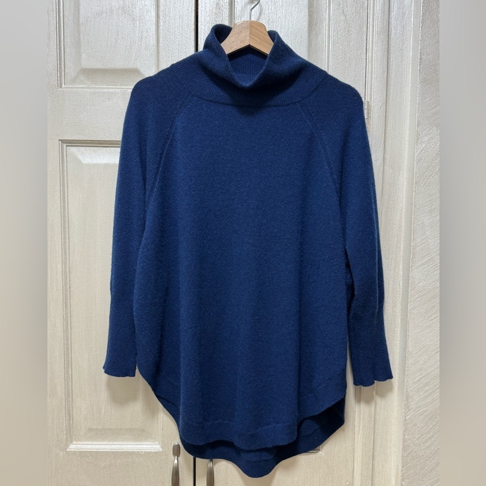Magaschoni Cashmere Women S Navy Blue High Neck 3/4 Sleeve Oversized Sweater